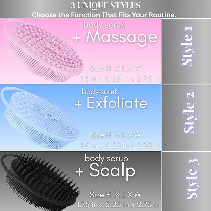 Avilana Silicone Body Scrubber - Food Grade & Lab Tested, Gentle Exfoliating Shower Brush for All Skin Types, Hygienic Quick-Dry Loofah Alternative (Black, Scalp-Silver)