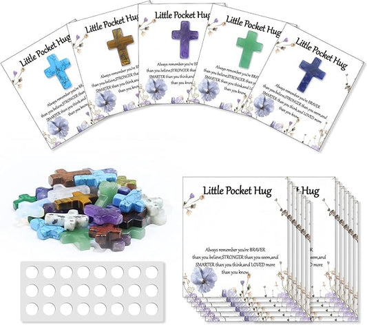 40 Sets Bulk Little Cross Worry Stones Pocket Hug Token Gift Card for Friends Funeral Favors Encouragement Gifts for Women Adults Party Favors