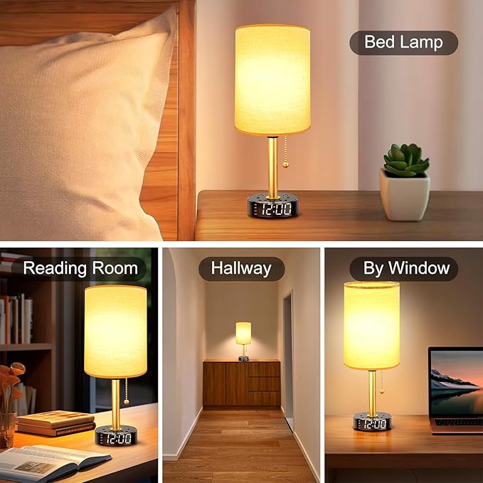 Bedside Desk Lamp for Bedroom, Table Lamp with USB A & USB C Fast Charging Ports & 2 AC Power Outlets, Alarm Clock Base, Round Black Fabric Lampshade Modern Nightstand Lamp for Living Room Home Office
