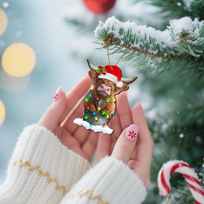 Highland Cow Christmas Tree Keepsake Ornaments, Farmhouse Themed 2 Side Printed Flat Wooden Ornament, Farm Animal Xmas Hanging Decor