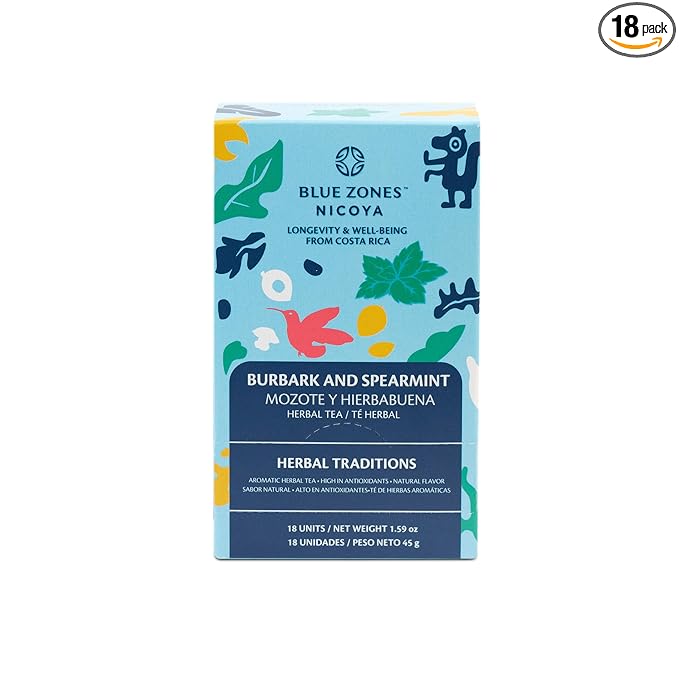 Blue Zones Nicoya - Burbark & Spearmint Flavored Tea Bags - 100% Natural, Organic, and Refreshing - High Micronutrients - Gluten, Caffeine, Sugar-Free - Pack of 18 (1.59 oz/ 45 g)