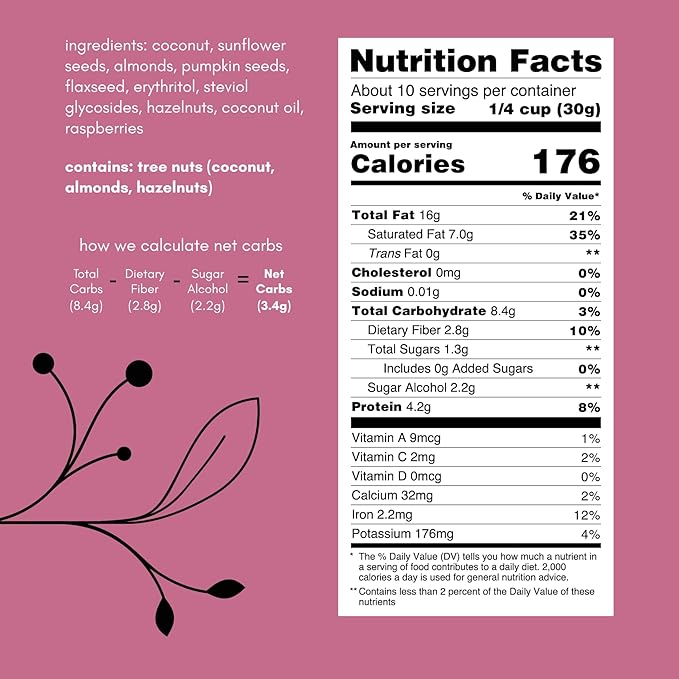 Keto Hana Raspberry Keto Granola Keto Diet Vegan Grain Free Dairy Free Plant Based No Refined Sugars Gluten Free 2g Net Carbs Breakfast Cereal - 11oz