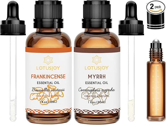 Frankincense and Myrrh Essential Oil, 100% Pure Natural, for Diffuser, Skin Care, Meditation, and Relaxation, Combo Set with Roller Bottle - 2 Oz