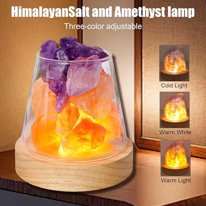 Runyangshi Healing Crystal Night Light Natural Himalayan Salt & Amethyst Raw Stones Aroma Diffuser USB Powered 3 Colour Adjustable Bedside Lamp for Bedroom Living Room Yoga Meditation Home Decor Gift