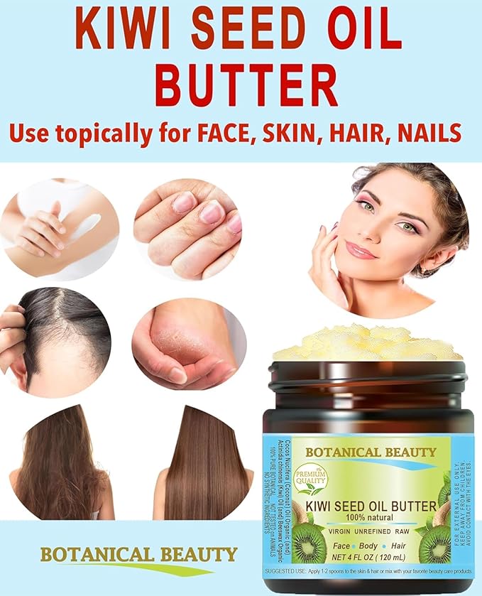 Botanical Beauty KIWI SEED OIL BUTTER RAW VIRGIN UNREFINED Cold Pressed for Face, Body, Hair, Nails, Skin, Hands, Rich in vitamin E, Vitamin C (4 Fl Oz)