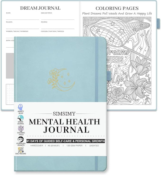 Mental Health Journal, 91-Day Self Care Journal for Women Men, Guided Anxiety & Stress Relief Journal with Mood Tracker, Cognitive Behavioral Therapy Journaling with Mental Health Coloring Pages & Dream Log
