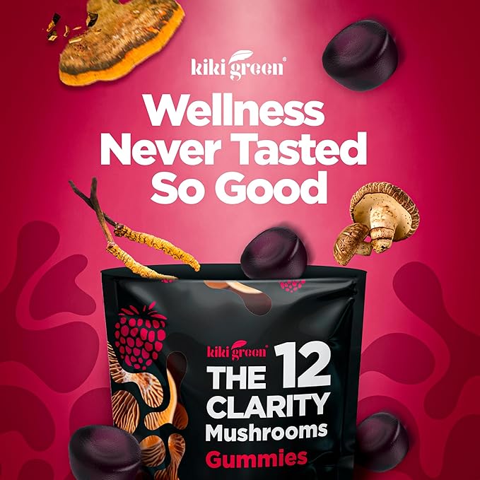 KIKI Green 12 Mushroom Supplement Gummies - Lion's Mane, Cordyceps, Chaga, Reishi, Turkey Tail & 7 More for Memory, Focus, Immunity - 60 Mushroom Gummies for Adults with Raspberry Flavor 10:1 Extract