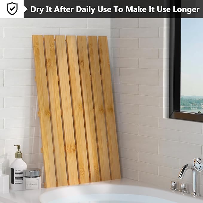 Domax Wooden Bamboo Bath Shower Mat- Non-Slip Waterproof Large Bathroom Floor Mat for Indoor Outdoor (Natural, 31.3 x 18.1 x 1.5 Inches)