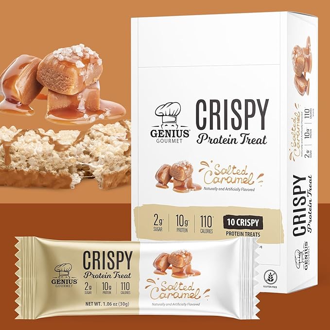 Genius Gourmet Crispy Protein Treat, Salted Caramel, Keto Snack, Low Carb, Low Sugar & Gluten Free, Protein Snacks for Adults, 10G of Whey Protein per Protein Bar, 5 Net Carbs, On The Go Snack, 10 CT