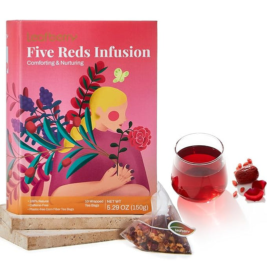 Five Reds Tea for Rejuvenates Energy, Leafberry Sampler Wellness Functional Herbal Tea Detox Boosts Immunity Awaken Rose Jasmine Red Dates Beans 10 Bags Box Teas Drinkers Gifts for Women