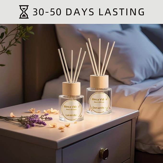 Reed Diffuser Set, Binca Vidou Lavender & Osmanthus Natural Perfume Scent Oil Diffusers with Sticks & Spray Bottle for Home Office Bathroom Aromatherapy Decor 1.69oz x 2