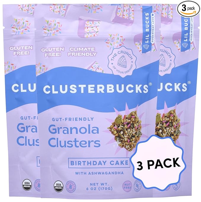 Clusterbucks Superfood Clusters – Grain-Free, Keto-Friendly Granola with Regeneratively Grown Sprouted Buckwheat– Gluten-Free, Low-Carb, Organic Healthy Snack (3-Pack, Birthday Cake)