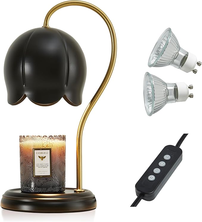 Black Gold Flower Candle Warmer Lamp with Timer Dimmable, Office Decor Elegant Bedroom Scented Wax Light, Christmas Birthday Gifts for Women Man, Large Table Candles Burner
