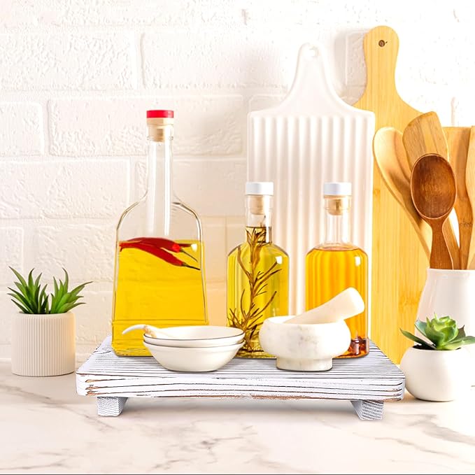 Bathroom Counter Tray Wood Pedestal Stand White Kitchen Countertop Trays Decorative Dish Soap Dispenser Holder for Bathroom Sink Accessories Wooden Riser Display Stands Kitchen Decor Vanity Tray