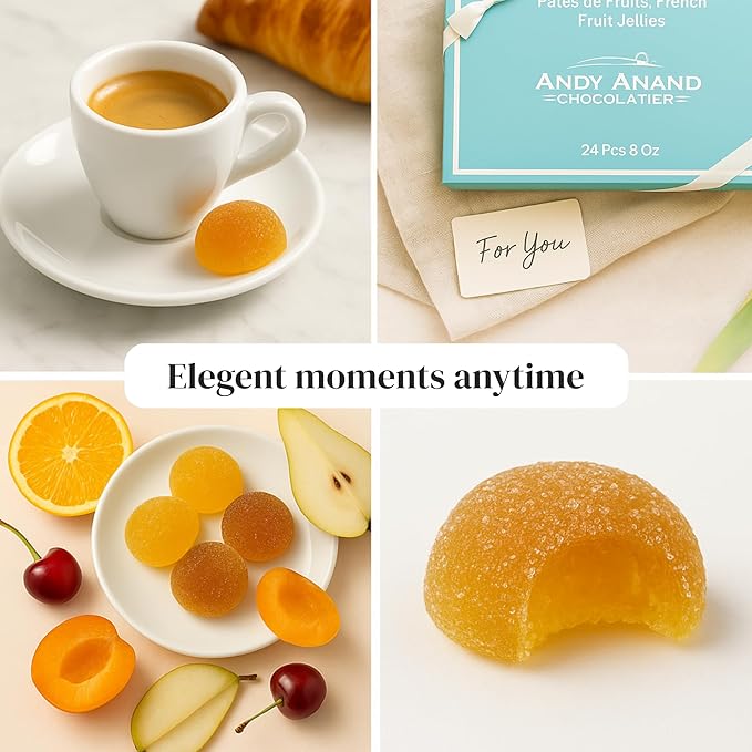 Andy Anand Chocolatier Pâtes de Fruits - Gluten Free French Fruit Jellies, Flown Fresh from France Mix of Natural Assorted Flavors, Guilt Free Indulgence with No Artificial Additives (24 Pcs, 8 Oz)