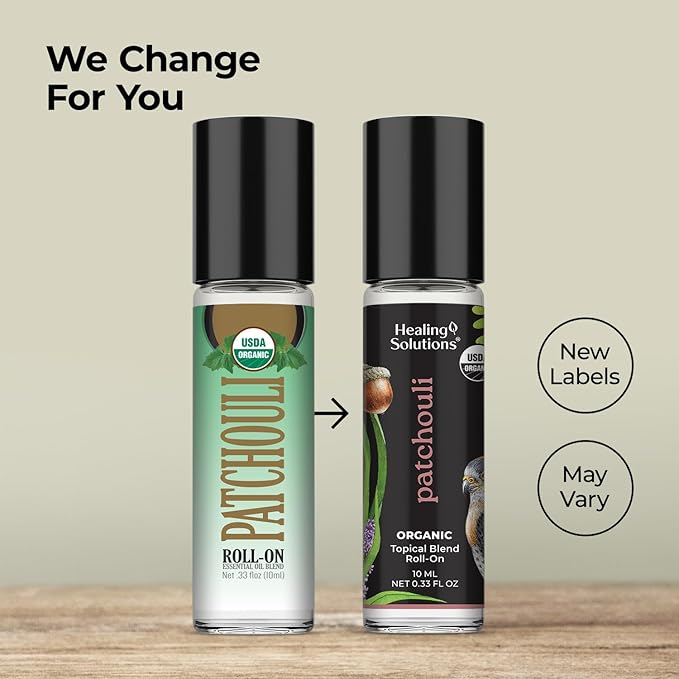 Healing Solutions (2 Pack) USDA Certified Organic Patchouli Essential Oil Roll On Set, Patchouli Body & Skin Roller Perfume for Adults