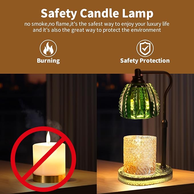 Candle Warmer Lamp with Timer: Adjustable Height and 4 Dimmer, Crystal Glass Base, Heater Wax Warmer for Jar Scented, Home Décor and Housewarming & Birthday Gift for Mom Woman, 2 Bulbs（Jade Green）
