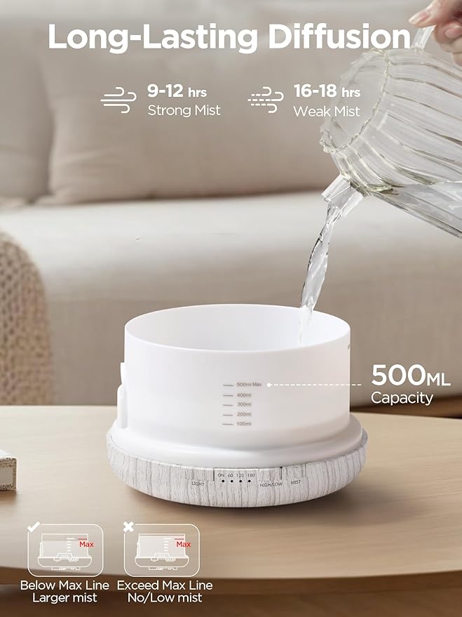 InnoGear Aromatherapy Diffuser & 10 Essential Oils Set, 500ml Essential Oil Diffuser with Remote Control Ultrasonic Cool Mist Scent Humidifier Vaporizer Auto-Off Timer for Room Office Home, White