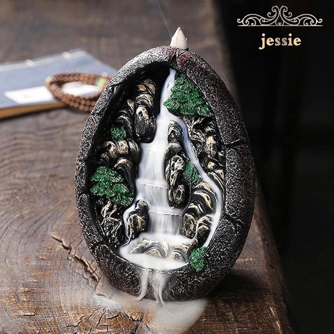 Backflow Incense Holder Resin Mountain Incense Burner Fountain Waterfall Incense Holders Home Decor with 120 Pcs Backflow Incense Cones 30 Pcs Incense Sticks (Waterfall)