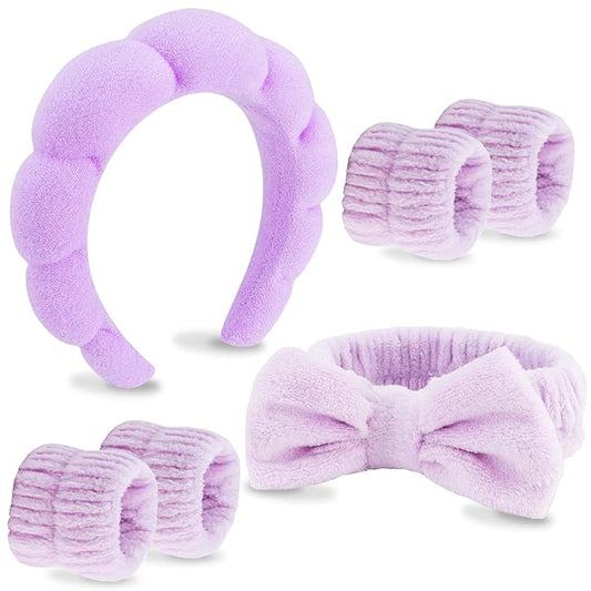 VELSCRUN 6 Pack Spa Headband, Makeup Headband, Face Wash Headbands, Skincare Headbands, Purple Sponge Hair Band Bow Tie Spa Head Band for Washing Face Wristband Set Hair Accessories for Women Gifts