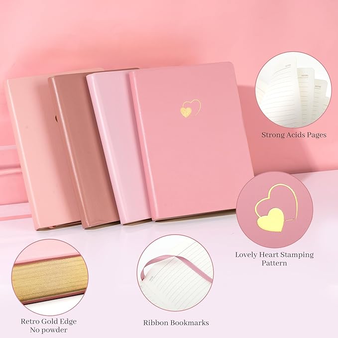 CAGIE 4 Pack Lined Journal Notebook for Women and Girls 256 Pages Cute Diary with Heart-Shaped Leather Journals for Writing A5 Soft Cover Notebooks for Work School, Pink