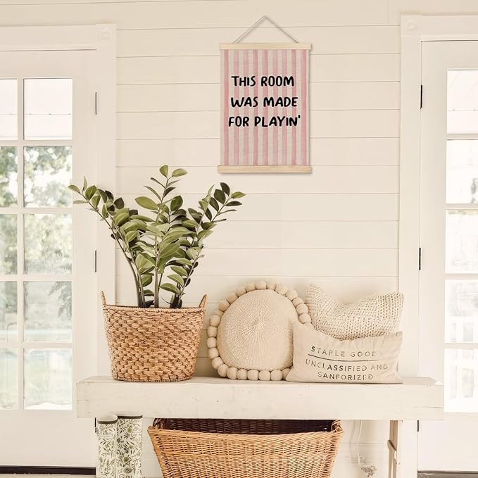 Exqcom Kids Playroom Wall Decor, Play Room Wall Art Poster, This Room Was Made for Playin Preppy Pink Striped Posters for Kids Girls Nursery Toddler Room Bedroom Playroom, 12x16 Inches