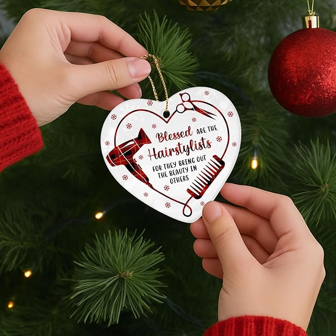34HD Gifts for Christmas, Hairstylist Christmas Ornament Heart-Shaped Ceramic 2-Side Printed, Hairstylist Gifts Women, Christmas Decorations for Trees