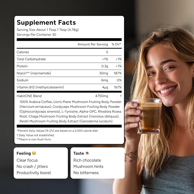 HabitONE Organic Instant Mushroom Coffee Arabica – Lion’s Mane, Cordyceps, Reishi, Chaga – Alpha-GPC & L-Tyrosine, B12 & B3 – Better Energy, Focus, Digestion & Immunity – Made in USA – 30 Servings
