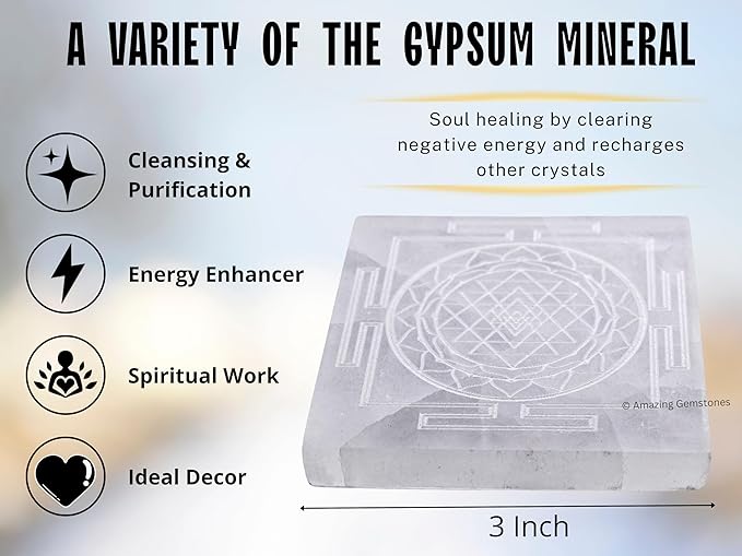 Amazing Gemstone Selenite Crystal Charging Plate For Crystals And Healing Stones, 3" Selenite Crystal Plate Engraved Shree Yantra Coaster For Home, Office Table Decor (Selenite Square)