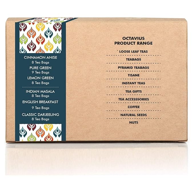 Octavius Tea Bags Variety Pack | 6 Flavors of Black Tea & Green Tea | Herbal Tea Sampler Box | Tea Gift Set | Assorted 50 Teabags | Pack of 1