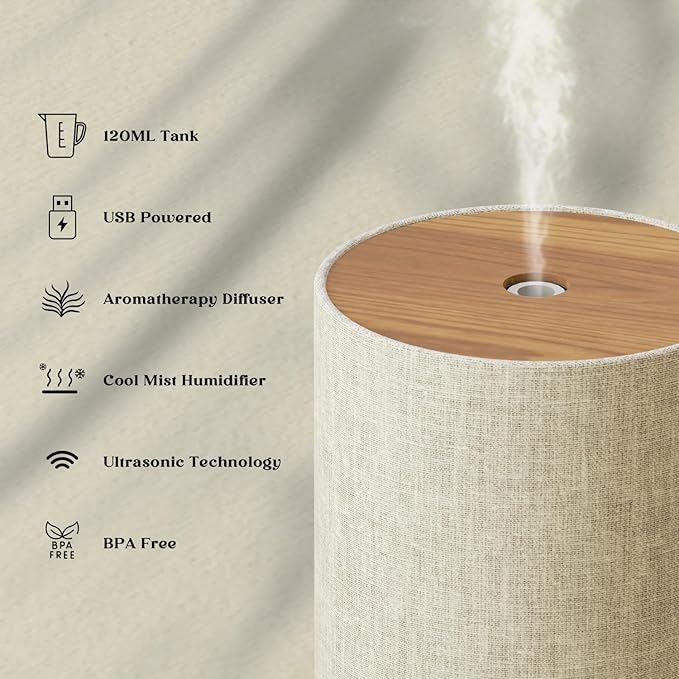 Essential Oil Diffuser with Fabric Cover, SNOWSEN 120ml Aromatherapy Diffuser with 8 LED Color Changing Lights & Night Lamp, Auto Off Function, Cool Mist Humidifier for Essential Oils for Home