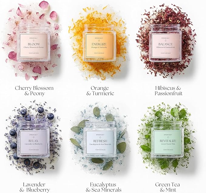 Epsom Salt Bath Gift Set – 6 Aromatherapy Blends with Essential Oils – Bath & Body Gift Set for Women, Stress Relief, Self Care, Birthday Gifts – Jane & Bloom