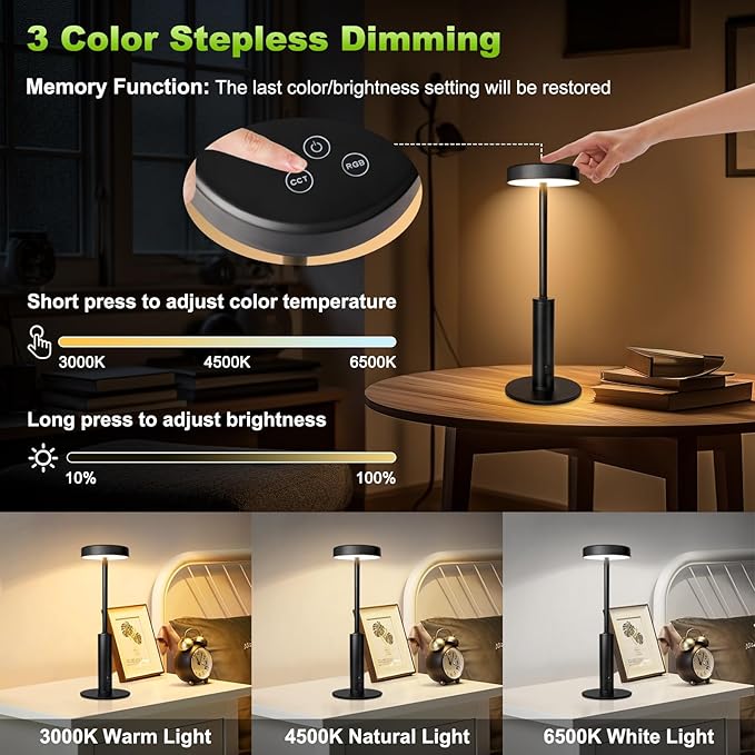 2 Pack Small Cordless Table Lamps Rechargeable,5000mAh Battery Operated Portable Desk Lamp,3 Colors & RGB Stepless Dimmable Wireless Touch Lamps for Restaurant Home Dinner Dining Patio(Black)