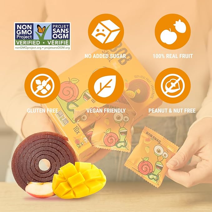 Bob Snail Fruit Roll Ups – Healthy Sweets Snacks, Real Dried Fruits, No Added Sugar, Vegan, Nut Free, Candy for Adults, Kids, with – Bulk 50 pcs Rolls, 500g (Mango)
