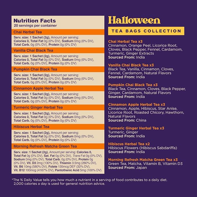 Gya Tea Co Halloween Assorted Tea Bags Variety Pack - 20 Bags 7 Seasonal Flavors - Caffeinated & Caffeine Free Holiday Tea Sampler Gift Set Box - Easy Brew, Natural Ingredients, Enjoy Hot or Iced