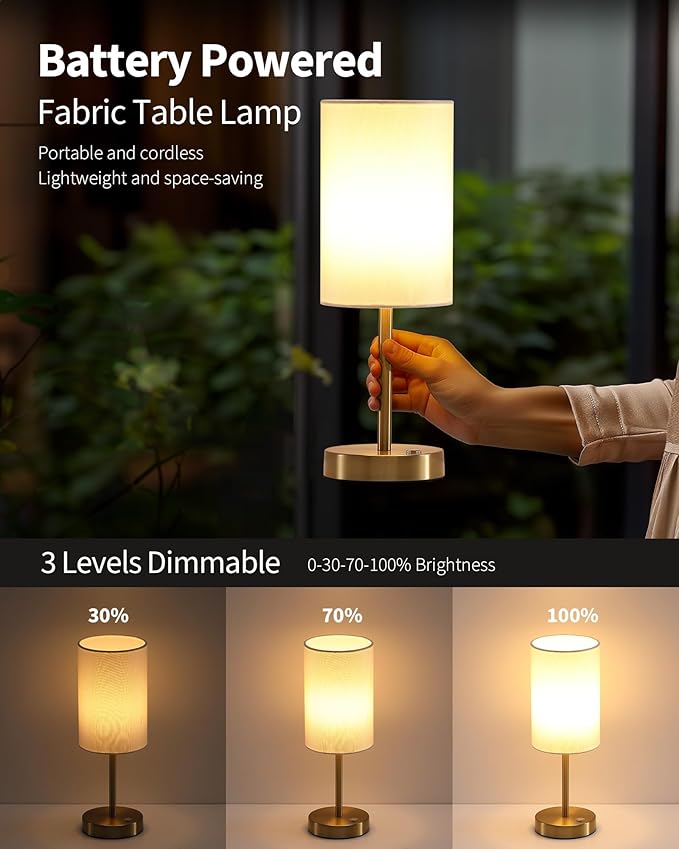 KDG Simple Cordless Table lamp, Portable Bedside 5000mAh LED Desk Lamp, 3 Brightness Levels Emergency Light, Linen Lampshade for Living Room, Bedroom, Dining Room, Night Light (Gold)