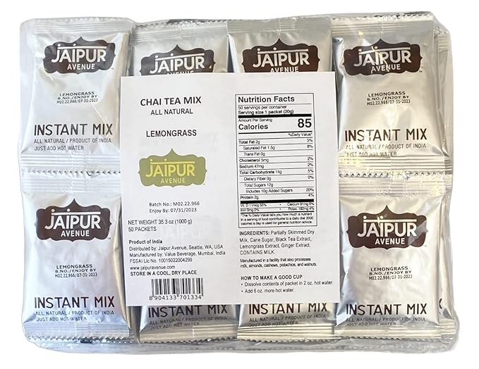 Jaipur Avenue Lemongrass Chai Tea Mix Crafted with All-Natural Assam Black Tea, Lemongrass, Cane Sugar, Premium Dry Milk - Preservative-Free, Gluten-Free, Authentic Indian Chai Tea Latte, 50-Count Bag