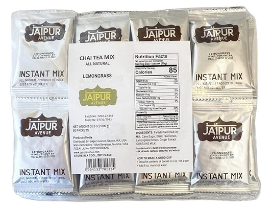 Jaipur Avenue Lemongrass Chai Tea Mix Crafted with All-Natural Assam Black Tea, Lemongrass, Cane Sugar, Premium Dry Milk - Preservative-Free, Gluten-Free, Authentic Indian Chai Tea Latte, 50-Count Bag