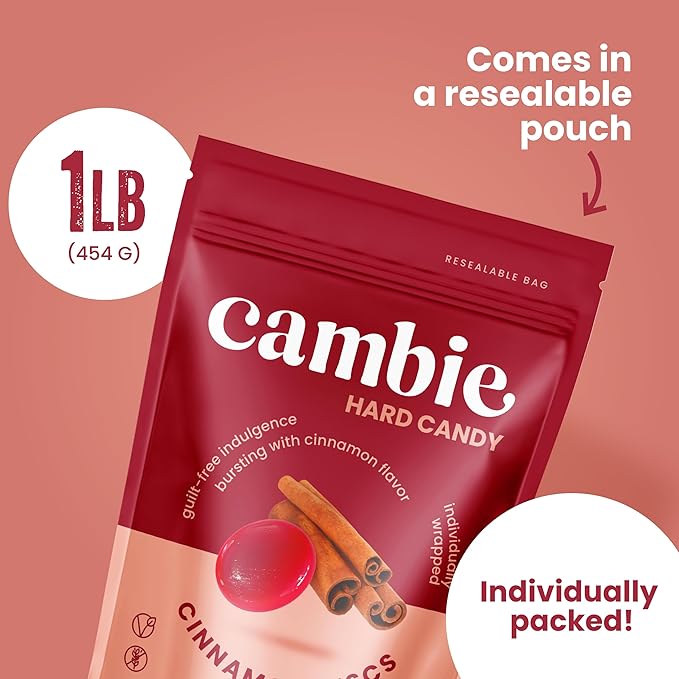 Cambie Sugar Free Cinnamon Hard Candy, 1 lb of Sugar Free Hard Candy, Individually Wrapped Cinnamon Discs, Fiery & Sweet Flavor packaged in a Resealable Pouch