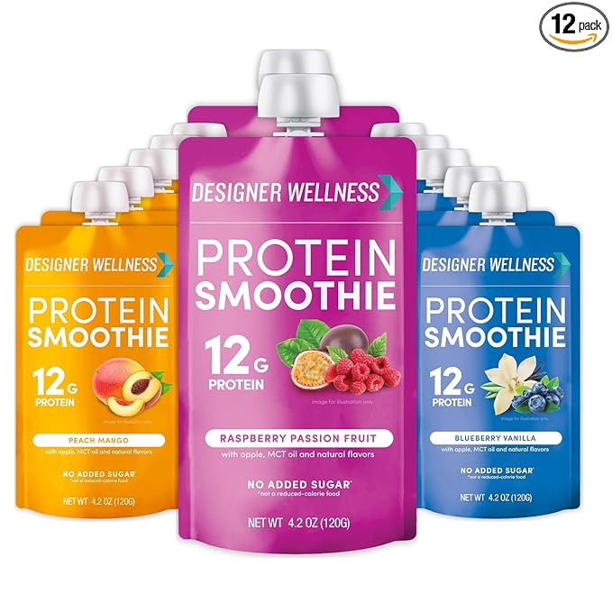 Designer Wellness Protein Smoothie, Real Fruit, 12g Protein, Low Carb, Zero Added Sugar, Gluten-Free, Non-GMO, No Artificial Colors or Flavors, Super Fruits Variety Pack, 12 Count
