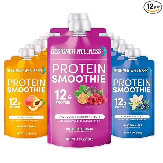 Designer Wellness Protein Smoothie, Real Fruit, 12g Protein, Low Carb, Zero Added Sugar, Gluten-Free, Non-GMO, No Artificial Colors or Flavors, Super Fruits Variety Pack, 12 Count