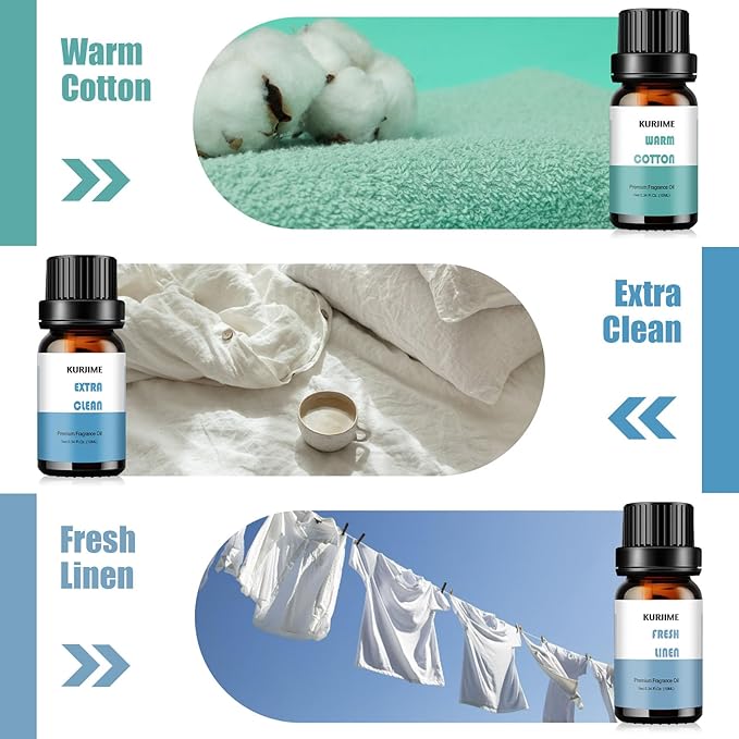 Essential Oils Set, Clean Scents Fragrance Oil Essential Oils for Diffuser Aromatherapy - Fresh Linen, Extra Clean, Warm Cotton, Soft Powder, Pure Soap, Eucalyptus Peppermint, 6x10ml
