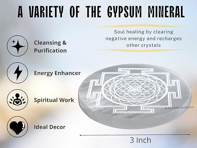 Amazing Gemstone Selenite Crystal Charging Plate For Crystals And Healing Stones, 3" Selenite Crystal Plate Engraved Sri Yantra Coaster For Home, Office Table Decor (Selenite Round Disc)