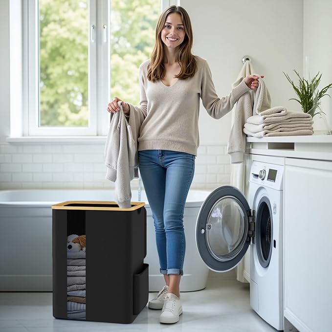 Laundry Basket Clothes Hamper with Lid and Side Pocket Large Collapsible Laundry Baskets with Handle, Freestanding Hampers for Bedroom Aesthetic, Dorm, Bathroom, Laundry Room (80L, Black)