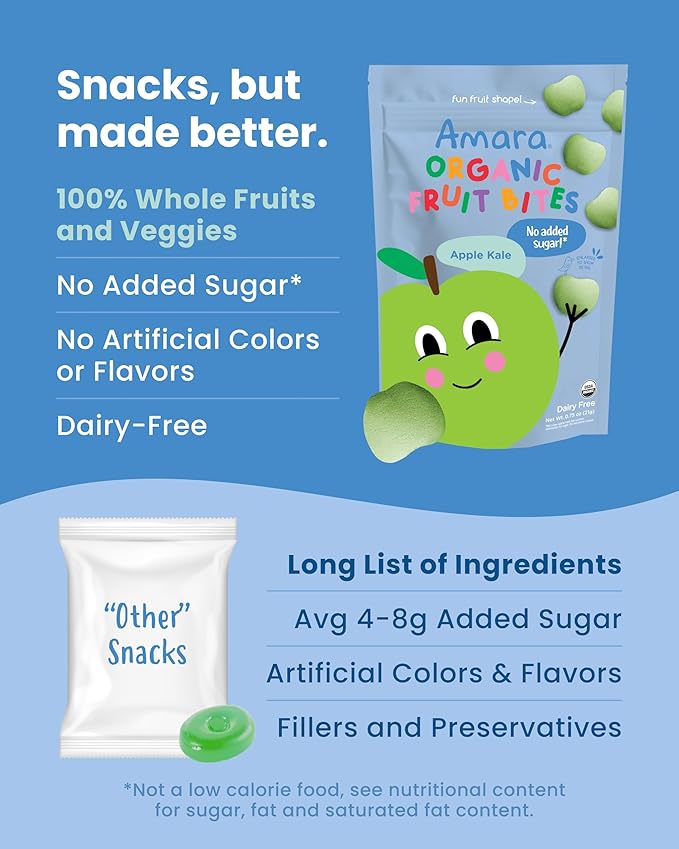 Amara Organic Fruit Bites Apple Kale - No Artificial Colors/Dyes, Added Sugar, Dairy-Free Fruit Snacks, Made with Organic Whole Foods, Healthy Fruit Snacks for Kids - 6 Pack