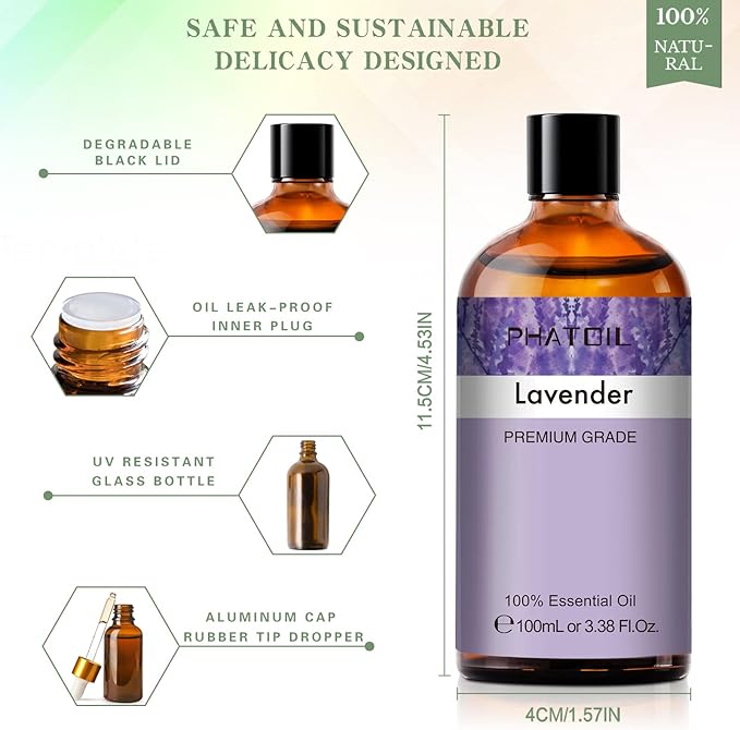 Lavender 3.38fl.oz Essential Oil, PHATOIL Aromatherapy Essential Oils for Diffuser, Humidifier, Perfect for DIY Soap, Candle, Bath Bombs Making(100ml)