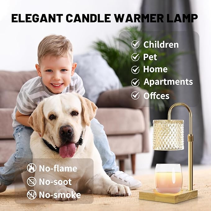 Candle Warmer Lamp, Candle Lamp Wax Warmer, Timer & Dimmer 7-Levels, Fits Cup Jar Candle, Top Melting, Crystal Heater Lamp for Scented Wax, Elegant Home Decor, Brass Glass