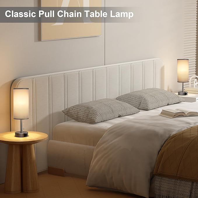 Grey Bedside Lamp for Bedroom Nightstand - Small Table Lamp with USB A + C Charging Port, 3 Color Temperatures Pull Chain Night Stand Light, Side Table Desk Reading Lamp for Living Room/Study Room