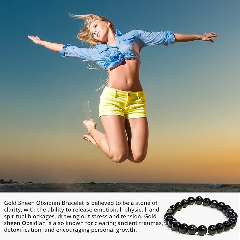 Gold Sheen Obsidian Bracelet – Natural Healing Crystal Bracelet for Women and Men – 8 MM Beaded Bracelet for Spiritual Healing, Positive Energy – Unisex Elastic Adjustable Size Gemstone Bracelet