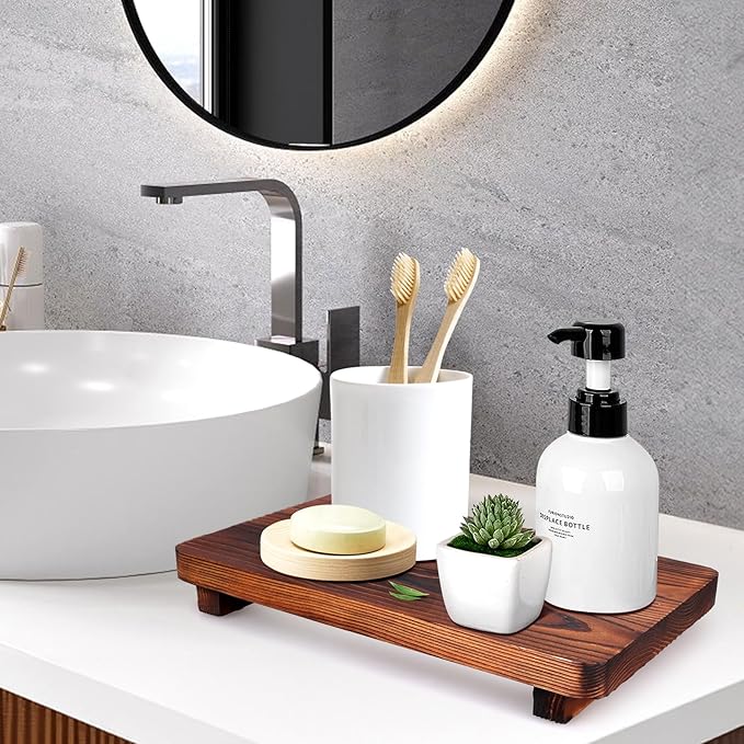 Farmhouse Bathroom Counter Tray Wood Risers Display Stands Kitchen Countertop Trays Decorative Dish Soap Dispenser Holder for Bathroom Sink Accessories Wooden Pedestal Stand Kitchen Decor Vanity Tray